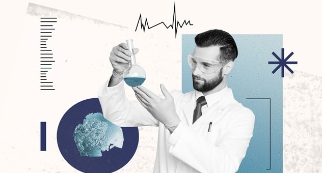 PXL_20230507_142535864 scientist in lab coat looking into beaker of liquid they are holding