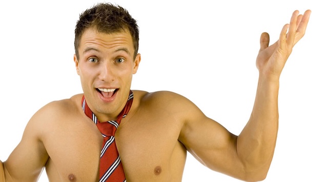 PXL_20230507_142535864 Smiling bare-chested man wearing a tie and shrugging comically