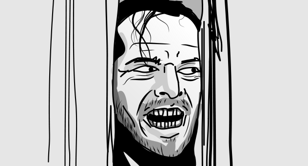 Black on grey illustration of Jack Nicholson showing his face through the door he broke through in the famous 'Here's Johnny!' scene from The Shining