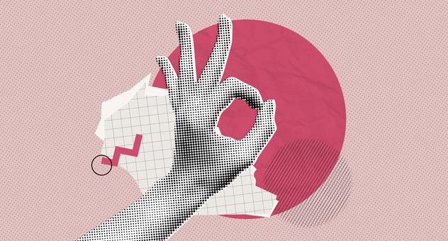 pop art style hand makes OK shape over pink collage effect