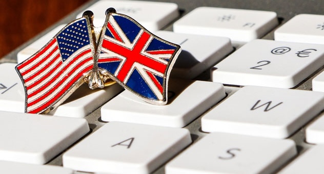 us_and_uk_flag_badge_on_keyboard_opt Badge shaped like US and UK flags on keyboard