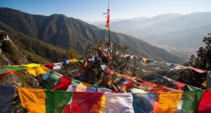 Prayer flags on mountain in bhutan