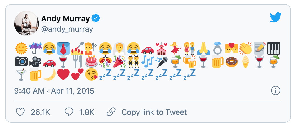 Andy murray's tweet describing his wedding through emoji. Full description below.