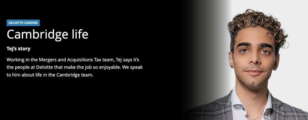 Employee spotlights: show your organisation’s authentic side 1 Deloitte careers hub page with headshot and text 'screenshot of deloitte’s career hub. Full description and transcript below under summary field labelled 'open description and transcript of image'.