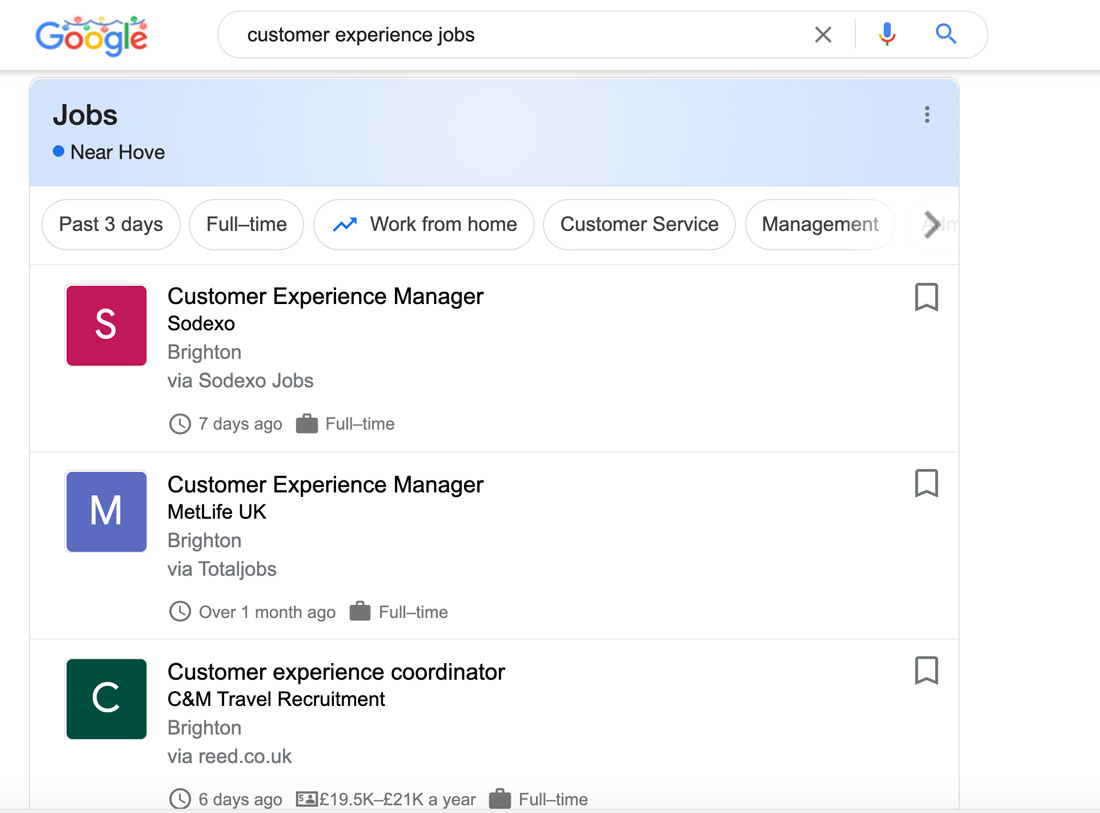 Google job search results. Full description below, under summary field labelled 'open description of image'.