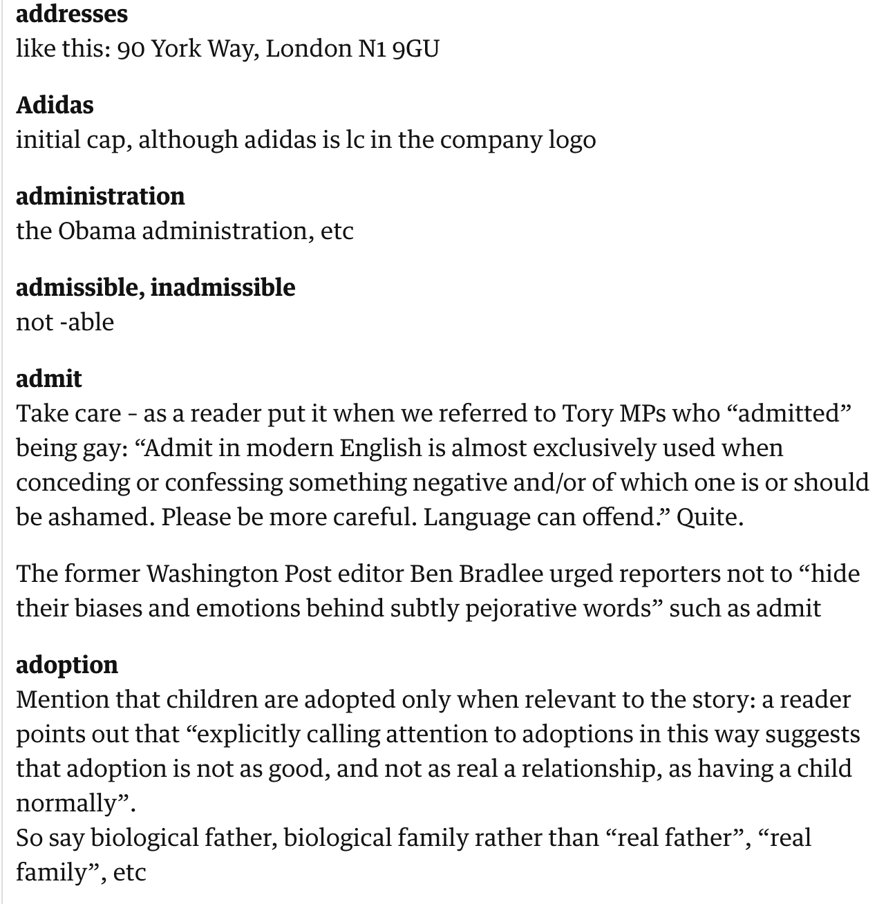 A practical guide to creating brand tone of voice guidelines (that people will actually use) 21 Guardian style guide extract. Full transcript below under summary field labelled 'open transcript of image'