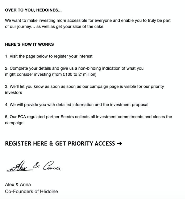 Hedoine email. Full description and transcript below, under summary field labelled 'open image description and transcript'.
