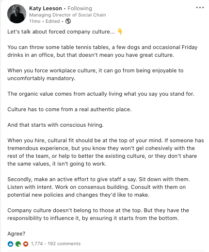 How to create an effective call to action on linkedin 3 Linkedin post from katy leeson – full description and transcript below under summary field labelled 'open image description and transcript'