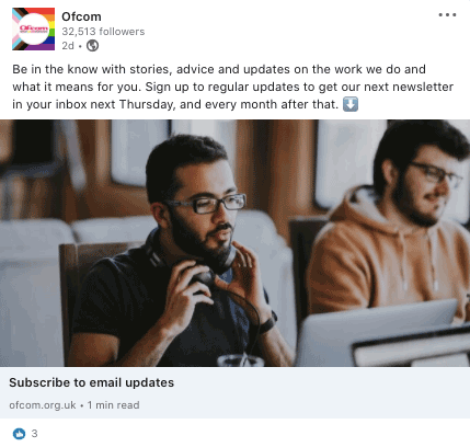 Ofcom post on linkedin. Full description and transcript below, under summary field labelled 'open image description and transcript'