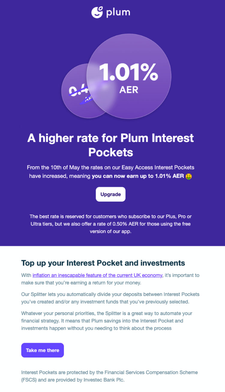 Plum email with two cta buttons: a white button on purple background and later a purple button on white background