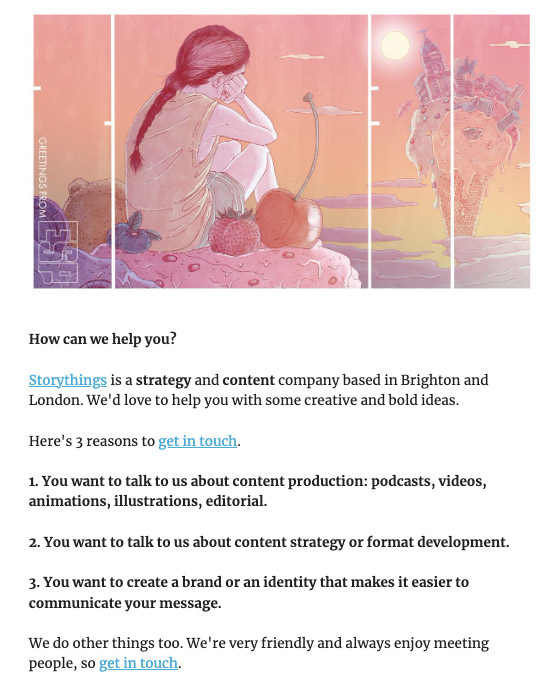 Storythings' email closing section. Full description and transcript below, under summary field labelled 'open image description and transcript'