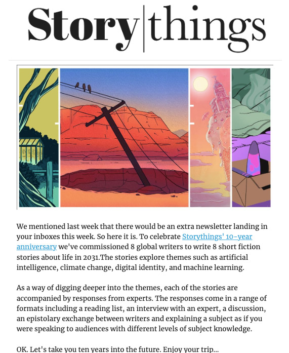 Storythings email. Full description and transcript below, under summary field labelled 'open image description and transcript'.