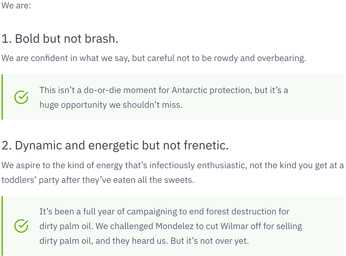 A practical guide to creating brand tone of voice guidelines (that people will actually use) 24 Greenpeace style guide example. Transcript below.