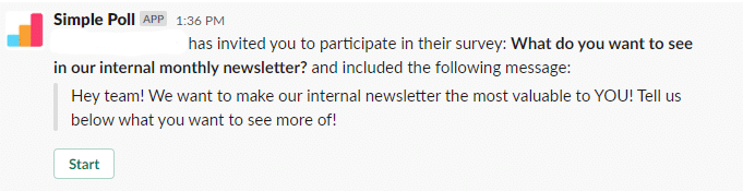 Build a strong employee community with brilliant internal newsletters 3 Slack poll invitation. Full description and transcript under summary field labelled 'open description and transcript of image'