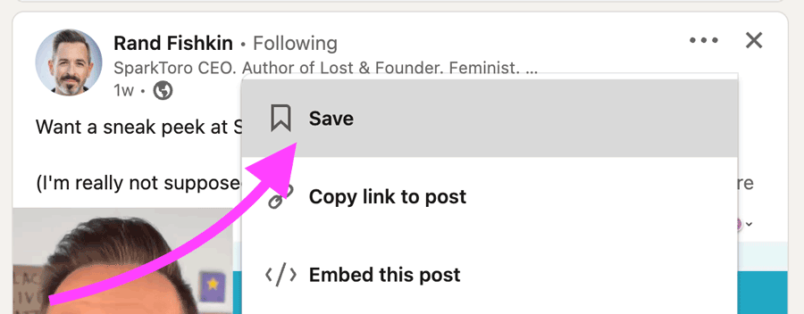 Linkedin's save option. Full description below under summary field 'open description of image'