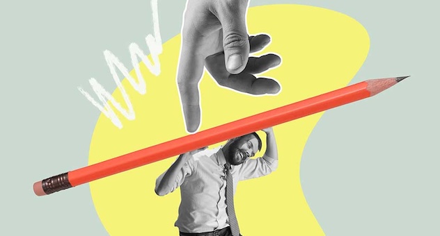 PXL_20230507_142535864 Man in business wear struggles to lift an enormous pencil above his head while a giant hand pushes down on it