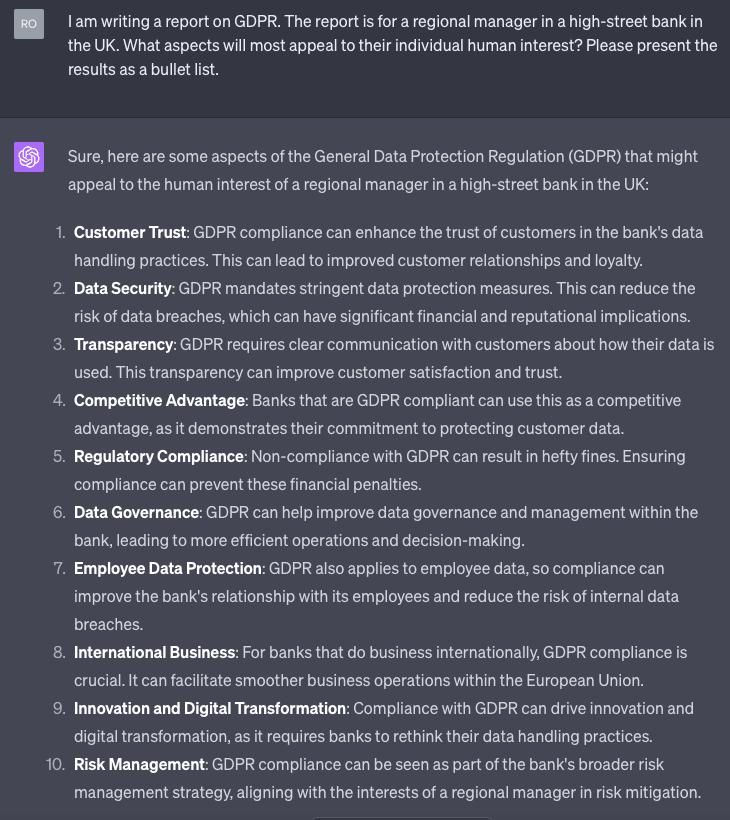 Chatgpt report-writing prompt and response