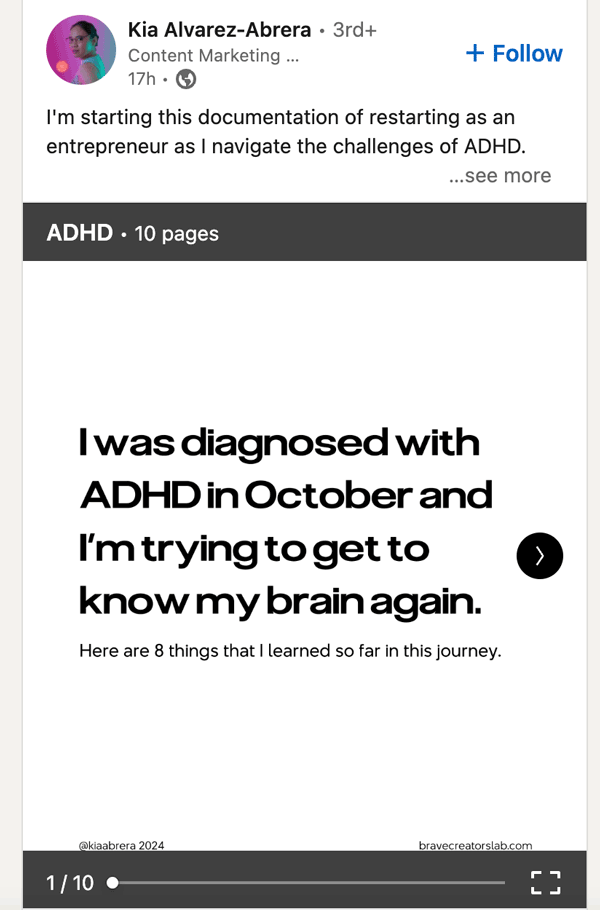 Your linkedin content strategy: 8 post types and the smartest ways to use them 2 Linkedin text and carousel post about the poster's diagnosis of adhd. Full description below