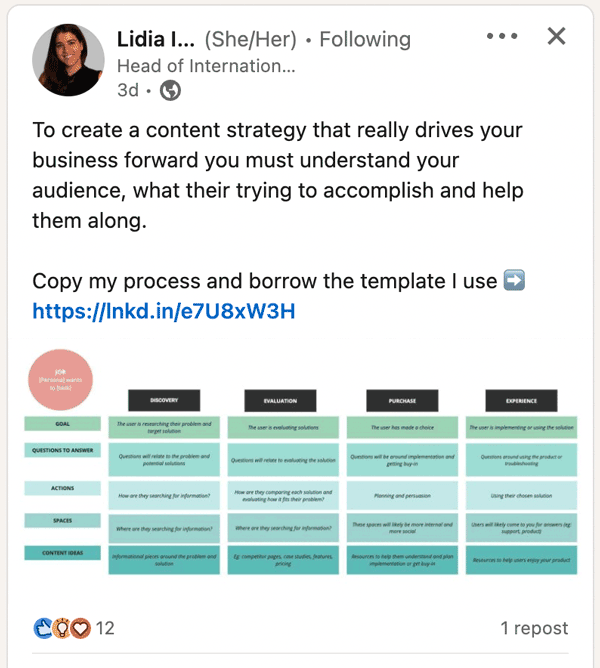 Your linkedin content strategy: 8 post types and the smartest ways to use them 1 Linkedin text post with image of content strategy template referred to in text. Full description below