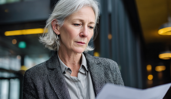 middle-aged-grey-female-exec-reads-doc-serious-600x345 Grey-haired female exec reads doc. Modern office behind her.