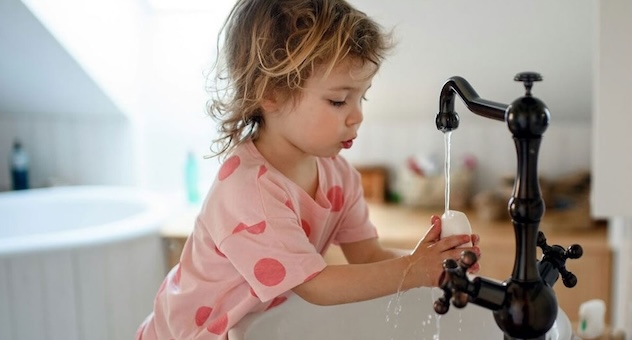 PXL_20230507_142535864 Female toddler washes her hands under an old-fashioned tap