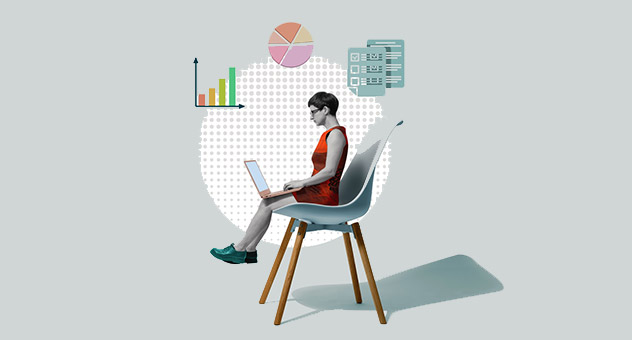 annual_report_image Person with cropped hair and short dress sits on oversized office chair with laptop. Images of several charts float overhead.