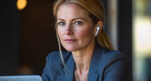 Female executive in her 40s with blonde hair tied back in a ponytail, wearing a suit. She has a laptop in front of her and listens to music with earbuds