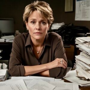A professional woman in a brown shirt is sitting cross armed at a desk surrounded by an overwhelming amount of paper work.