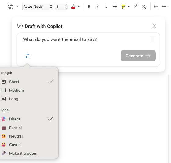 What if your employer bans chatgpt? 2 Text box labelled 'draft with copilot'. Dropdown menu offers tone options: 'direct', 'formal', 'neutral', 'casual' and 'make it a poem'
