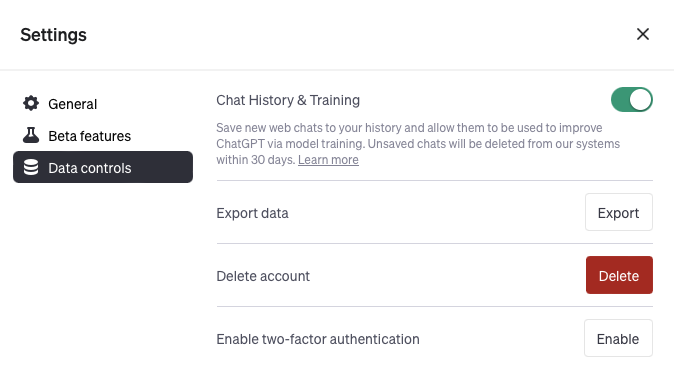 Five ways to create a winning proposal under pressure using ai 1 Data controls settings in gpt-4 with toggle for ‘chat history and training’ option, allowing chats to be saved and used ‘to improve chatgpt’
