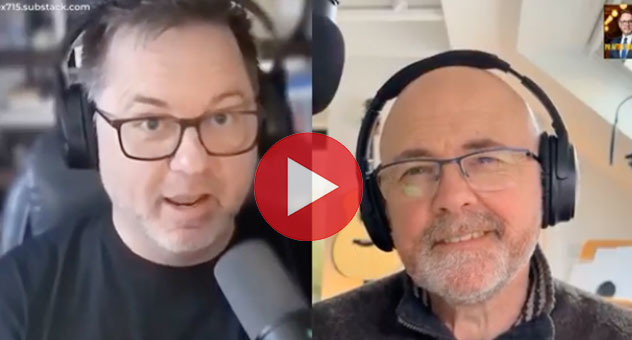 Interview still of host J. Alex Greenwood and guest Rob Ashton, with YouTube play button